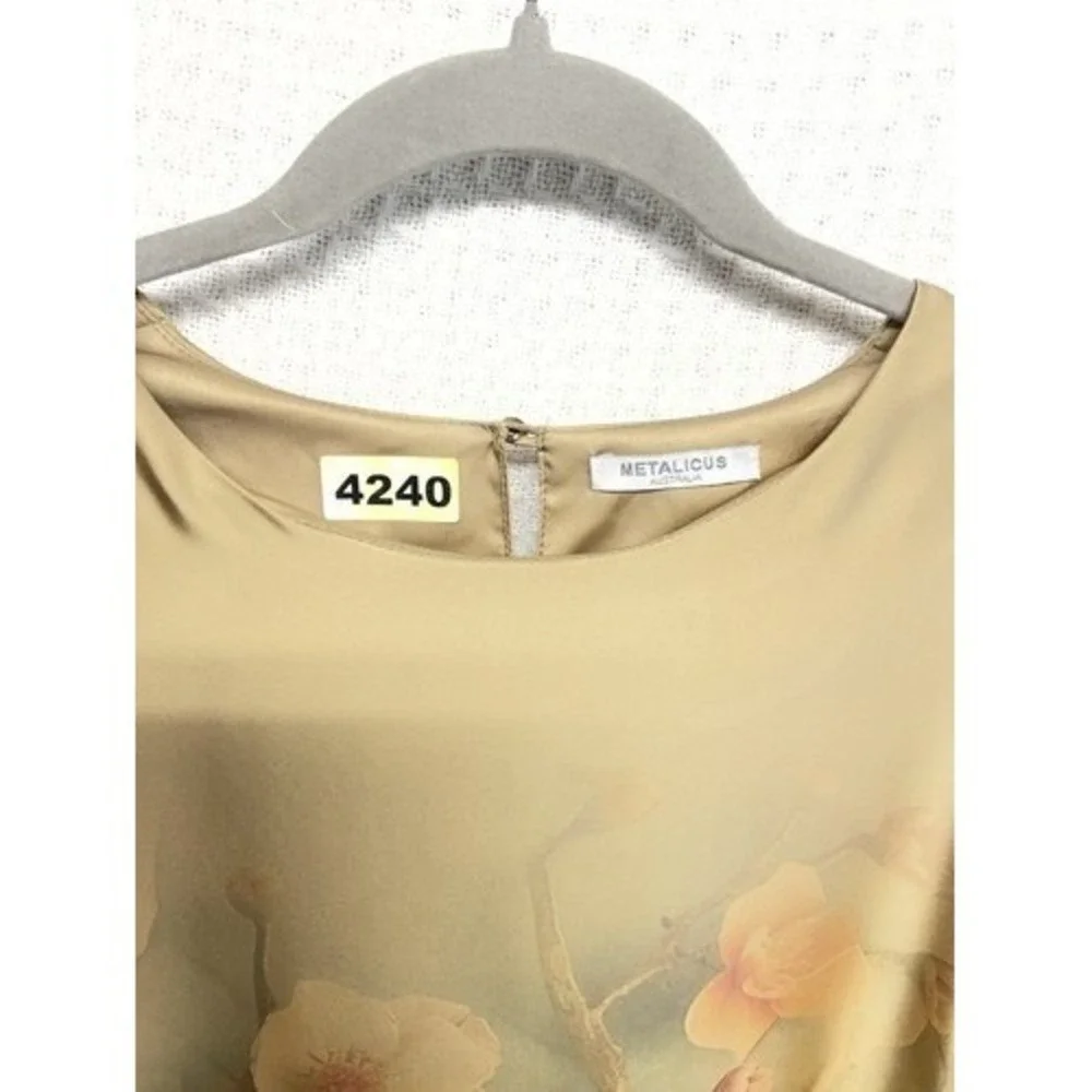 Metalicus Beige Asian Inspired Sateen Art Floral Midi‎ Shift Dress Women L China